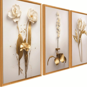 Quadro Decorativo 3 Peças Dourado Floral Branco Ouro Gold Sala Quarto Fácil Fixação com Fita Dupla Face