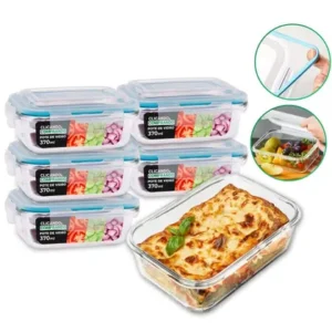 Kit Com 5 Potes Herméticos de Vidro Marmitas Fitness Vasilhas Com Tampa Microondas Freezer 370ml